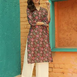 Anouk Rustic Floral Printed V-Neck Chanderi Silk Straight Kurta-picture-34