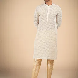 Dulha Ghar Ethnic Motifs Embroidered Mandarin Collar Chikankari Raw Silk Kurta With Pyjama-picture-21