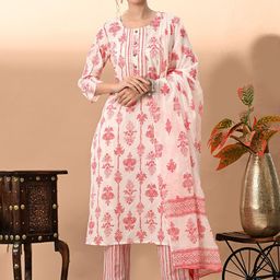 VIDHANI Women Floral Printed Regular Pure Cotton Kurta with Trousers & With Dupatta-picture-14