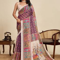 KALINI Floral Linen Blend Designer Block Print Saree-picture-4