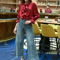 ODETTE Women Blue Denim Solid Trouser-image-56