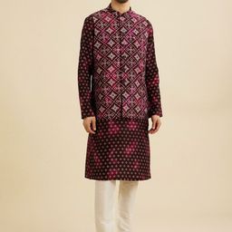 Manyavar Ethnic Motifs Printed Mandarin Collar Straight Kurta With Pyjamas & Nehru Jacket-picture-8