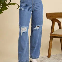 Mast & Harbour Women Classic Straight Fit High-Rise Highly Distressed Cotton Jeans-image-32