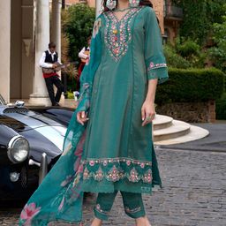 Indo Era Floral Embroidered Thread Work Kurta With Trousers & Dupatta-picture-35