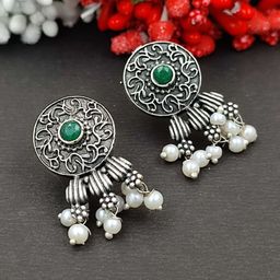 Yash Jewels Emporiums Silver-Plated Stones Studded &Beaded Oxidized Circular Drop Earrings-4
