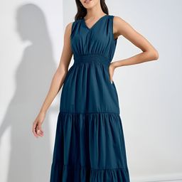 Femvy Solid Smocked Tiered Crepe Maxi Midi Dress-picture-14