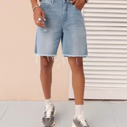 Kook N Keech Men Grunge Feel Bermuda Fit Ripped Light Faded Frayed Denim Shorts-image-43