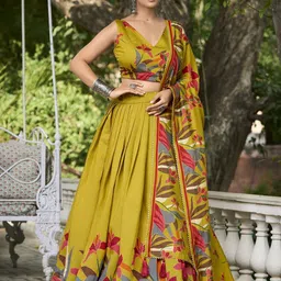 JULEE Floral Printed Tusser Silk Ready to Wear Lehenga & Unstitched Blouse With Dupatta-picture-42