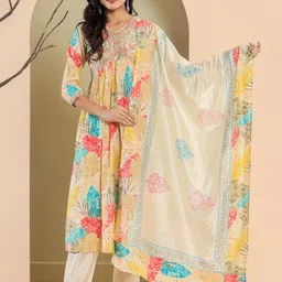 ASANSHI Women Floral Printed Regular Thread Work Kurta with Trousers & With Dupatta-image-47