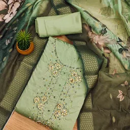 DIVASTRI Floral Embellished Beads And Stones Roman Silk Unstitched Dress Material-image-65
