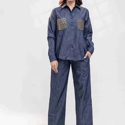 Luxe Weaves Embellishments Shirt Collar Neck Shirt With Trousers Co-Ords-image-21