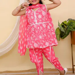 Aj DEZInES Girls Floral Printed Regular Pure Cotton Kurti with Dhoti Pants & With Dupatta-picture-15