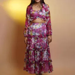 Shades of Sabi Floral Printed Top With Skirt Co-Ords-picture-33