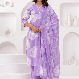 CRENOL THREADS Abstract Printed V-Neck Pure Cotton Kurta with Trouser & Dupatta-20