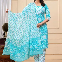 SHOOLIN Women Floral Printed Regular Gotta Patti Pure Cotton Kurta with Trousers & With Dupatta-image-21