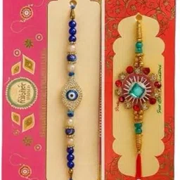 Designer Rakhi Gift Pack-12 | Evil Eye & Decorative Rakhi with Card | Assorted, Kundan, Mauli Thread Rakhi Set-image-50