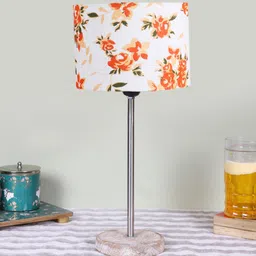 Devansh White and Orange Floral Printed Wooden Cylindrical Table Lamps-18