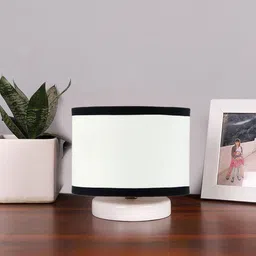 Devansh White & Black Colourblocked Cotton Table Lamp With Wooden Base-19