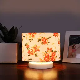 Devansh White & Orange-Colored Printed Cylindrical Wooden Table Lamp-6