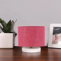Devansh Pink & White Textured Jute Table Lamp With Wooden Base-3