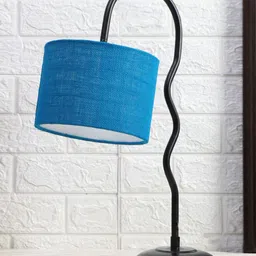 Devansh Turquoise Blue & Black Textured Jute Zig Zag Curvy Table Lamp With Iron Base-17