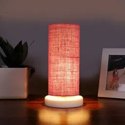 Devansh Pink & White Textured Jute Table Lamp With Wooden Base image 3