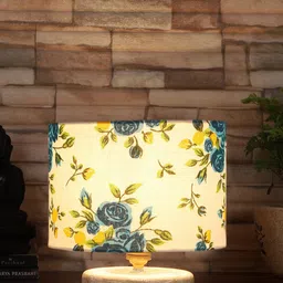Devansh Blue & White Printed Cotton Table Lamp With Wood Base image 2