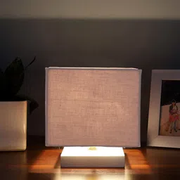 Devansh Grey Cotton Square Table Lamp With Wood Base image 2