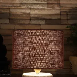 Devansh Brown & White Textured Jute Table Lamp With Wood Base image 5