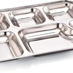 zorrow mart Stainless Steel Rectangular Bhojan Thali Set/ 6 Compartment Each Sectioned Plate Sectioned Plate image 3