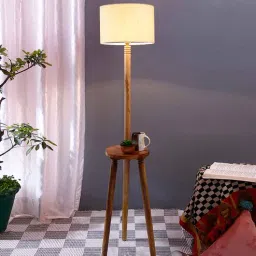 new era Aesthetic Khadi Cotton Shade Shelf Floor Lamp With Wood Base-picture-9