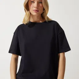 Happiness istanbul Women Solid Round Neck Cotton Oversized T-Shirt-image-51