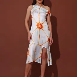 PURVAJA Women Printed Satin One Shoulder Sleeveless Sheen Sheath Midi Dress-image-80