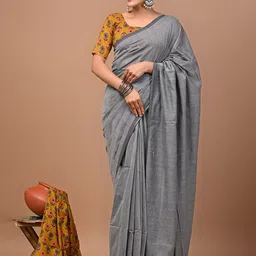 PALLO LATKE Traditional Khadi Cotton Saree With Block Printed Blouse-image-29