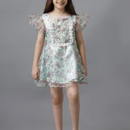UNDER FOURTEEN ONLY Girls Floral Printed Gathered Flutter Sleeve Cotton A-Line Dress-image-92
