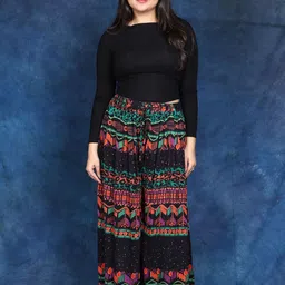 Exotic India Women Black Wide Casual Trousers with Printed Leopard-Spots-image-45