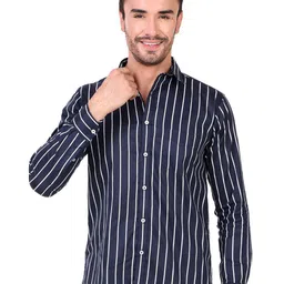 DESIGN UP Men Classic Spread Collar Striped Cotton Slim Fit Casual Shirt-image-29