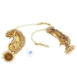 FEMMIBELLA Gold-Plated Artificial Stones Studded & Beaded Dome Shaped Jhumkas With Chain image 4