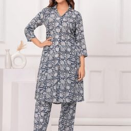 Samhitas Pratha Floral Printed Shirt Collar Pure Cotton Tunic With Trouser-image-87