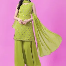 PARROT CREATION Geometric Embroidered Sequinned Georgette Kurti with Sharara And Dupatta-image-14