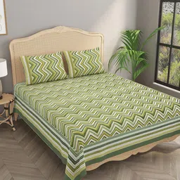 Gulaab Jaipur Cream-Coloured & Green Geometric 400 TC Queen Bedsheet with 2 Pillow Covers-73