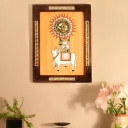 AAKRITI ART CREATIONS Orange & White Nandi & Shiva Wooden Wall Art-image-91
