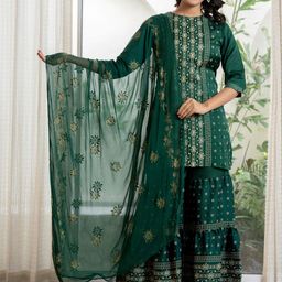 Juniper Women Ethnic Motifs Embroidered Regular Sequinned Kurti with Sharara & With Dupatta-picture-52