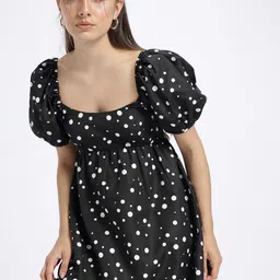 glitchez Playful Polka Dots Smocked Detail Puff Sleeves Mini Empire Dress-picture-42