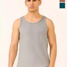 Organic Chics Pack Of 3 Textured Innerwear Vests WaffleVest-Brown/Blue/Grey_S-picture-41