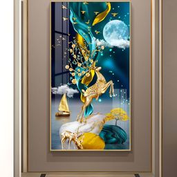 THE NEXT DECOR Moonnlit Dancing Deer Glass Finish Vertical Wall Art-image-99