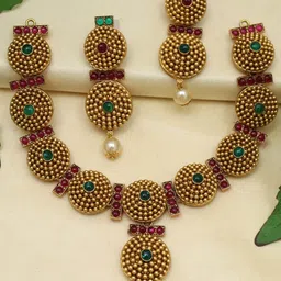 Diksha collection Brass-Plated Stone Studded & Beaded Matte Finish Jewellery Set-image-24