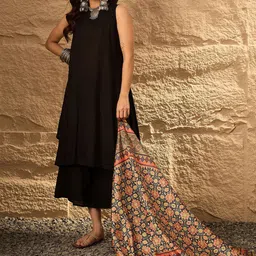 InWeave Round Neck A-Line Kurta With Palazzos & Dupatta-1
