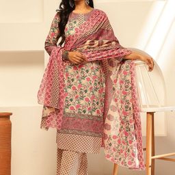 KALINI Women Floral Printed Regular Pure Cotton Kurta with Trousers & With Dupatta-picture-0