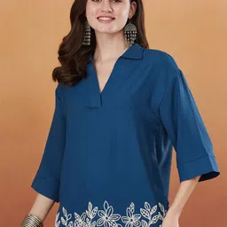 MOKOSH Floral Embroidered Shirt Collar Straight Short Kurta-image-88